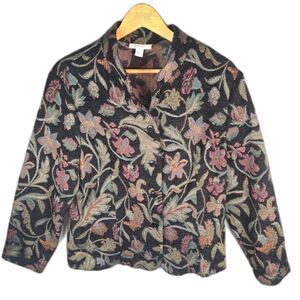 Dressbarn XL Black Floral Tapestry Jacket Boho Artsy Woven Button Front Jacquard